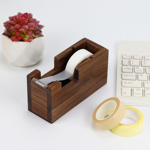Multibey Wood Tape Dispenser for Desk - Natural Walnut Wood Desktop Tape Holder with Non-Slip Base & Tape Cutter