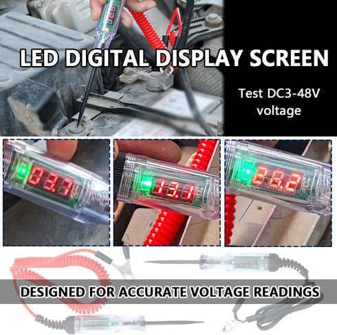 Car Voltage Tester Pen with Alligator Clip, DC 3-48V Test Light Pen, Digital LED Circuit Tester with Prolong Spring