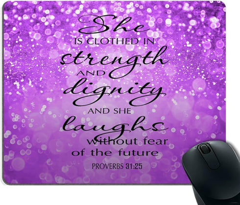 Smooffly Proverbs 31:25 Mouse Pad with Bible Verse, Purple Sparkles Glitter Pattern