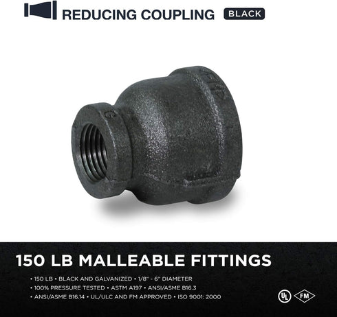 Malleable Iron Threaded Pipe Fitting Connector, 1-1/2 x 3/4 inch (Pack of 5) Reducing Coupling, Black BMRC1122-5