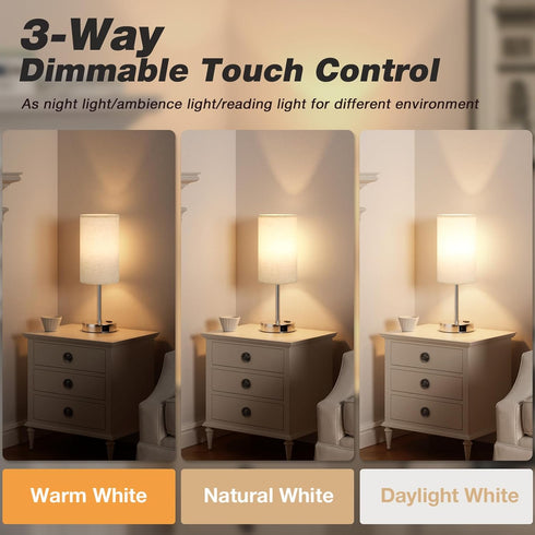 17.4Inch 3 Dimmable Bedside Touch Table Lamps for Bedroom Nightstand with USB-C USB-A Charging Ports White - Way