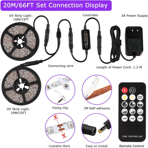 66 Dimmable 1200 Foot Black Light Strips & Remote, Flexible Blackights Strip Lights LEDs for Glow Party Body Paint