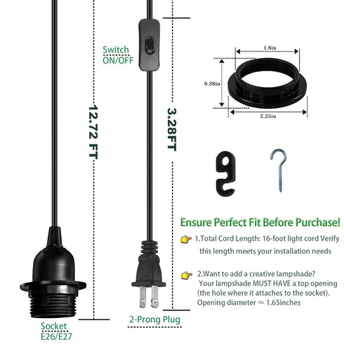 16Ft E26/E27 Bulb 1 Pack, Plug in Hanging Light Cord Kit - Pendant Light Plug in Lamp Kit, Socket Lantern Extension