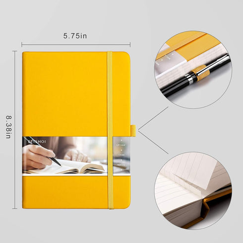 EMSHOI Lined Journal Notebook, 120gsm Thick Leather, 256 Numbered Pages A5, Medium 5.75" x 8.38", Yellow