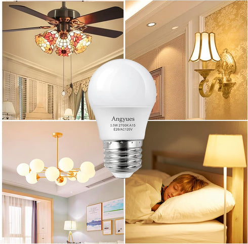 Low Wattage Light Bulbs, 1.5W LED Equivalent 15W/20W, 120V A15 Warm White 2700K, Non-Dimmable, E26 Base, 4 Pack