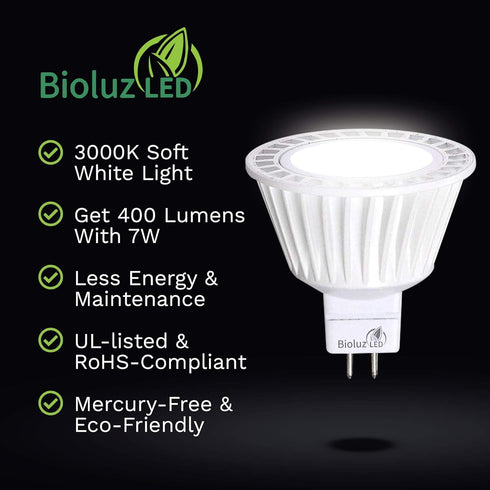 Bioluz LED 5 Pack MR16 LED Bulb, Dimmable 50W Halogen Replacement, 7w 3000K, 12v AC/DC, UL Listed