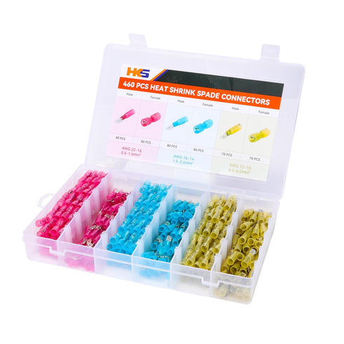 HKS 460PCS Spade Connector Kit - Male and Female Terminal, Heat Shrink Electrical Quick Disconnect Wire Connectors