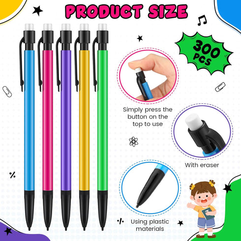 Colarr 300 Pieces Mechanical Pencils - 0.7 mm with Eraser, Colored Inkless Pencils for Kids, School, and Art