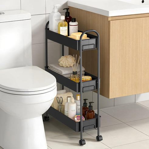 ZXICEU 3-Tier Slim Rolling Cart, Metal Frame Utility Rolling Narrow Storage Cart with Handle Kitchen Storage Organizer