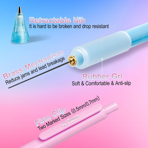 Mechanical Pencil Set, 6 Pcs Pastel 0.7mm & 0.5mm with 6 Tubes of HB Lead Refill and 4 Erasers