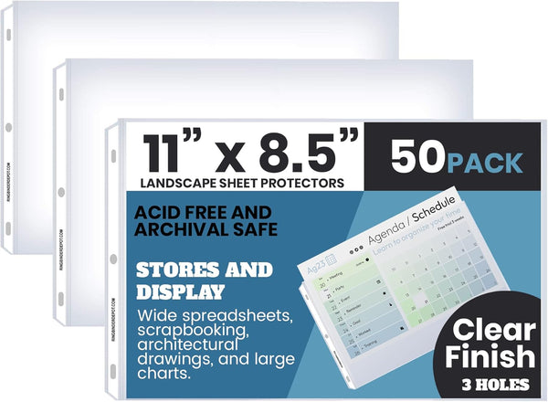 Performore 50 Sheet Protectors Landscape Clear Page 8.5 X 11 Inch for 3 Ring Binder, Top Loading
