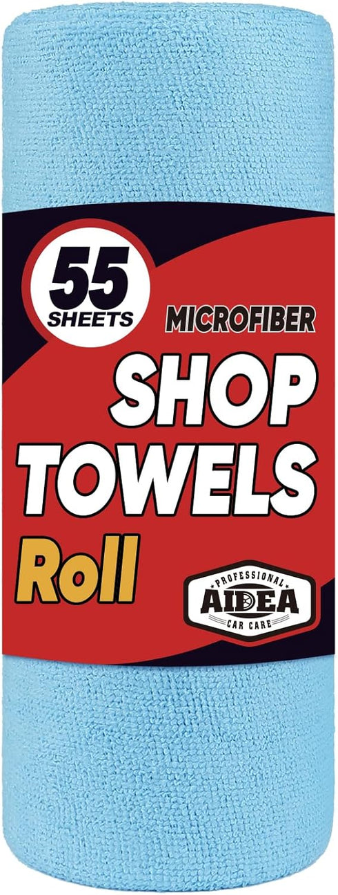 AIDEA Shop Towels, 55 Sheets Blue Microfiber Cleaning Cloth, Washable for Automotive, Kitchen