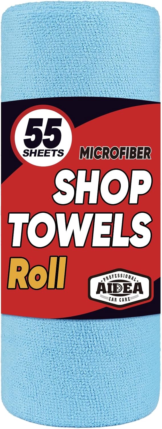 AIDEA Shop Towels, 55 Sheets Blue Microfiber Cleaning Cloth, Washable for Automotive, Kitchen