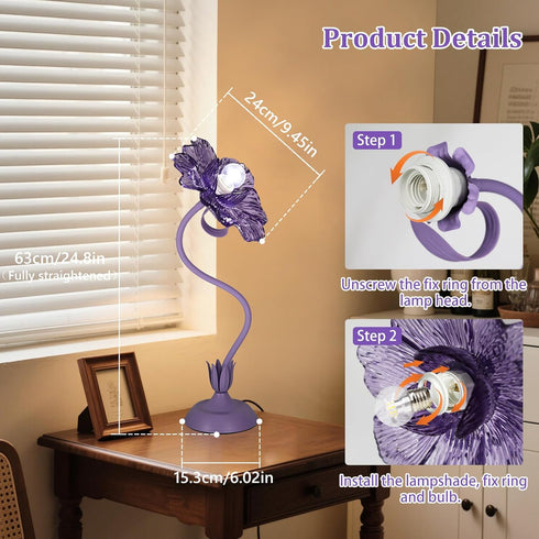 NewAoNaSen Lighting 3 E26 Bulb, Begonia Flower Table Lamp for Bedroom, Colors Flower Reading Light with Cute Desk Lamp