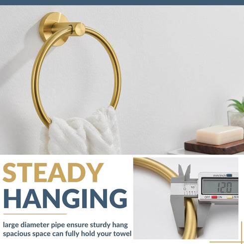APLusee Hand Towel Ring, 304 Stainless Steel Round Towel Holder, Wall Mounted for Bathroom Kitchen, Brushed Gold