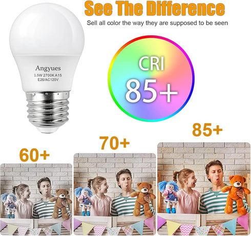 Low Wattage Light Bulbs, 1.5W LED Equivalent 15W/20W, 120V A15 Warm White 2700K, Non-Dimmable, E26 Base, 4 Pack