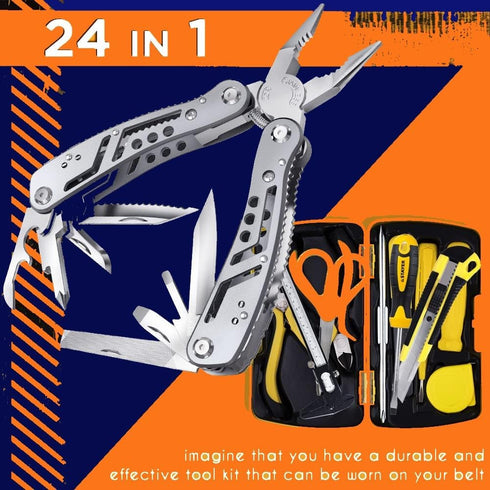 24-in-1 Multitool with Mini Tools, Knife, Pliers, and 11 Bits - All in One Multi Function Gear for Men, Best Multi-tool