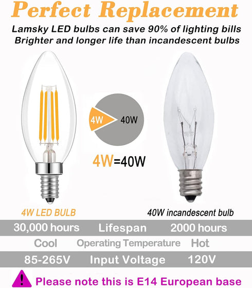 E14 Base LED Filament Candle Shape Light Bulb, 40W Equivalent, Warm White 2700K, 4-Pack
