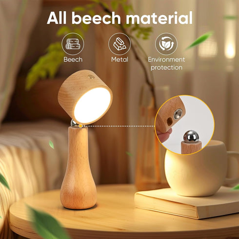 LONRISWAY 2 Pack Dimming, 360 LED Wooden Mushroom Lamp, Rechargeable Battery Operated Portable Cordless Touch Switch
