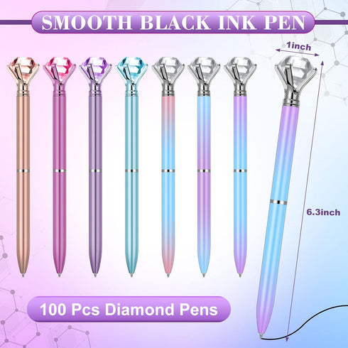 Sherr 100 Pack Big Crystal Diamond Pens: Cute Ballpoint Pens, Retractable Ballpoint with Rhinestones, Crystal Bling Gem