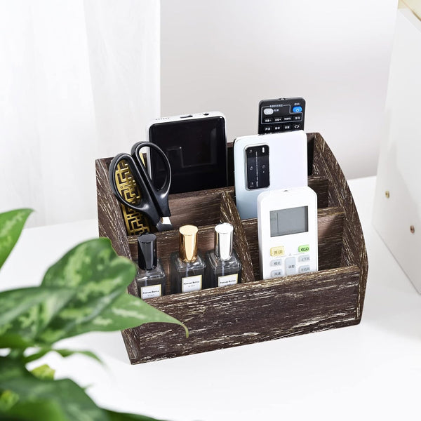 Wood Desk Organizer - Solid Dark Brown Pen Holder for Desktop, No Assembly Needed, Home Office Supplies Storage Box