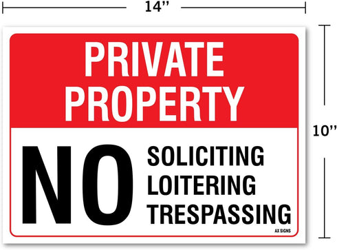 No Soliciting No Loitering No Trespassing Sign - Private Property Legend 10 x 14 Inch Self-Adhesive Vinyl Sticker