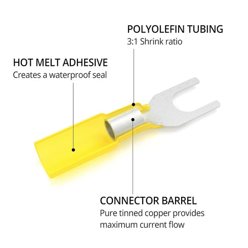 Wirefy 90 PCS Marine Grade Heat Shrink Fork Connectors #10 - Spade Fork Wire Terminals - Yellow 12-10 Gauge
