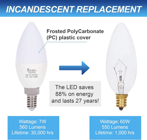 Simba Lighting LED Candelabra Light Bulbs B11 (C37), E12 Base, 6-Pack, Decorative 7W 60W Replacement, 5000K