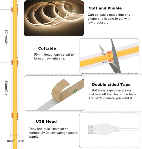 4000K 92+ 5V Dimmable 6ft Dimmer COB LED Strip Lights Natural White CRI Even Lighting Short Flexible Cuttable