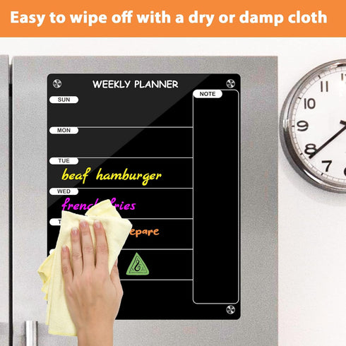 Weekly Dry Erase Board for Refrigerator, Black Acrylic Calendar Note Board, Double-Sided Planner
