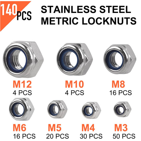 ALLWIN M3 M4 M5 M6 M8 M10 M12 Set,140PCS Nuts,304 Locknuts Assortment Kit - Metric Nylon Insert Lock Nuts Lock