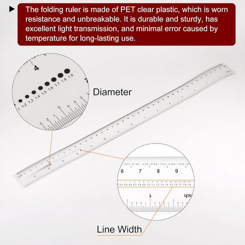 Film Flexible Ruler 16 Inch 0.1mm Scale, PET Plastic Covered Folding Straight Ruler Measuring Tool, Transparent