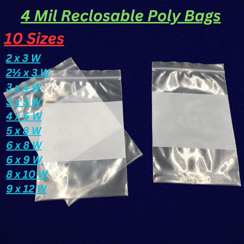 Reclosable Zip Poly Bags White Block - 3 x 5 W (100 Bags) 4 Mil Clear Plastic with Resealable Lock Seal