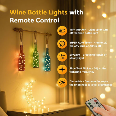 10 Pack 20 6.6 PChero Wine Bottle Lights with Cork & Remote Timer, LED ft Fairy String Lights Battery Operated for DIY