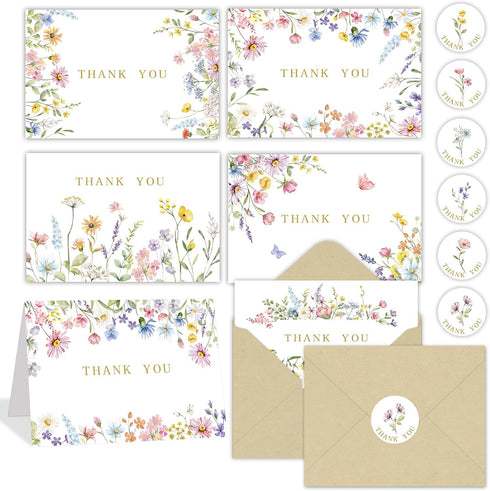 KOPOOEOE 100 Sets Wildflower Thank You Cards with Kraft Envelopes Sticker Watercolor Floral