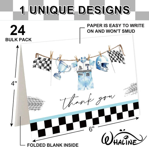 50 Pack 4 6 Inch Whaline Race Car Baby Shower Thank You Cards Greeting Card with Envelopes Stickers Blue Racing Theme