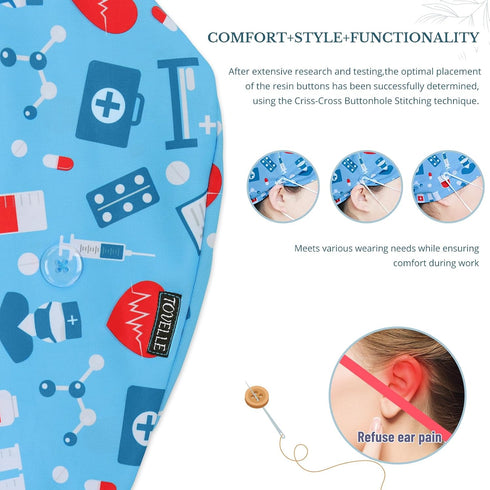 Scrub Caps Women, Double-Sided Printed Adjustable Women's Surgical Cap with Buttons, Breathable Design for Nurses