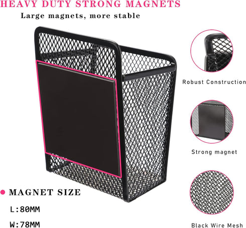 Magnetic Pencil Holder - Extra Strong Magnets Mesh Marker Holder Perfect for Whiteboard, Refrigerator and Locker Accessories (1 Baskets, Black)