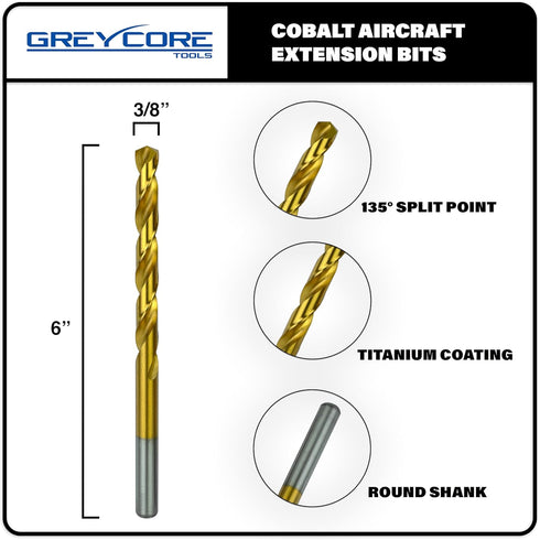 Tools 3/8 Inch x 6 Inch Cobalt Aircraft Extension Bit, 2 Pack M35 Cobalt Drill Bit, Industrial Titanium Coating