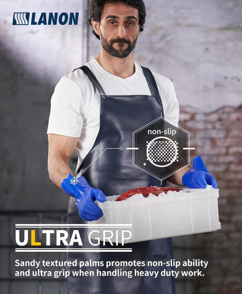 LANON PVC Chemical Resistant Gloves, Heavy-Duty Rubber Gloves, Non-Slip, Blue, Large, Acid, Alkali, Oil Protection