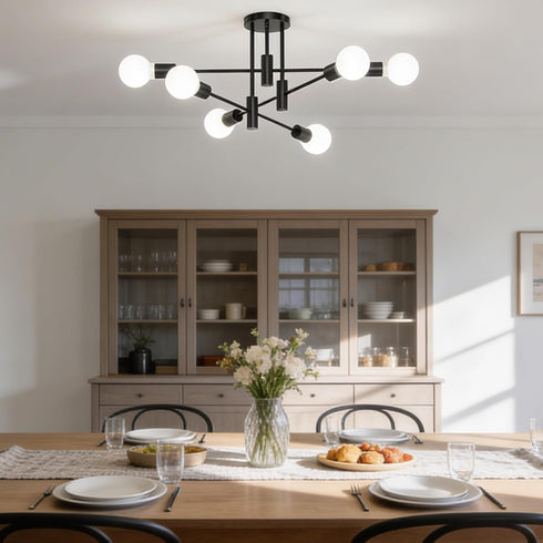 6-Light Sputnik Light Fixture, Solid Matte Black Mid-Century Modern Chandelier for Dining Room, Kitchen, Living Room