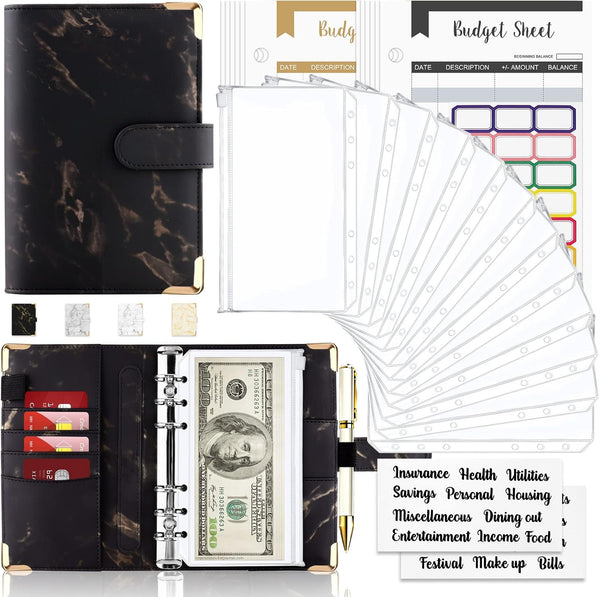 Onlyesh Budget Binder with Cash Envelopes, 28Pcs Money Organizer for Cash, Marble 6-Ring Money Saving Binder (Black).