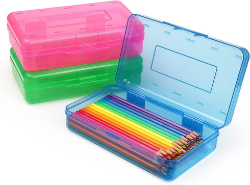 Tamaki 3 Pack Plastic Pencil Box, Large Capacity Clear Boxes with Snap-tight Lid