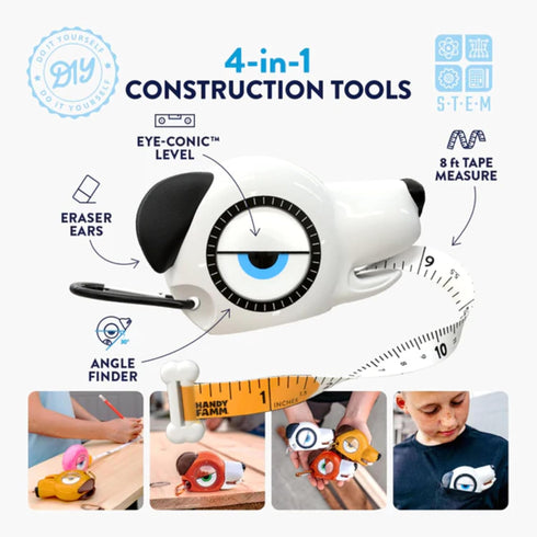 Famm 4-in-1 3+, Handy Spot The Dog Kids Tape Measure with Adjustable Level Eye, Angle Finder & Eraser Ears Montessori