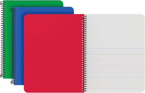 Oxford Primary Spiral Notebooks, 3/PK, 80 Sheets, Durable Plastic Covers, Pre-K, K-2, Blue/Red/Green, 9 3/4 x 7 1/2