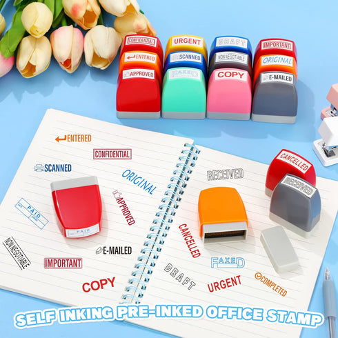 Crtiin 16 Pcs Office Stamp Set, Self Inking Rubber Stamps for Office Supplies