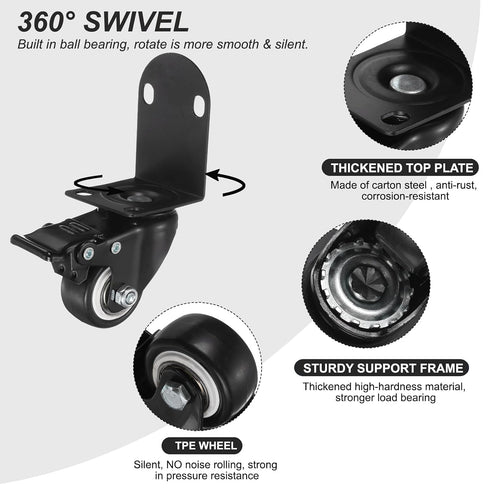 1.5" 2 PATIKIL Side Mount Casters with Brake Pcs L-Shaped Plate Swivel Wheel Bearing Rolling Caster for Furniture