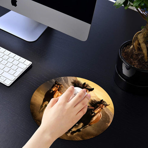 Running Horse Design Round Mouse Pad with Coasters Set, Non-Slip Rubber Mousepad for Office Desk Decor
