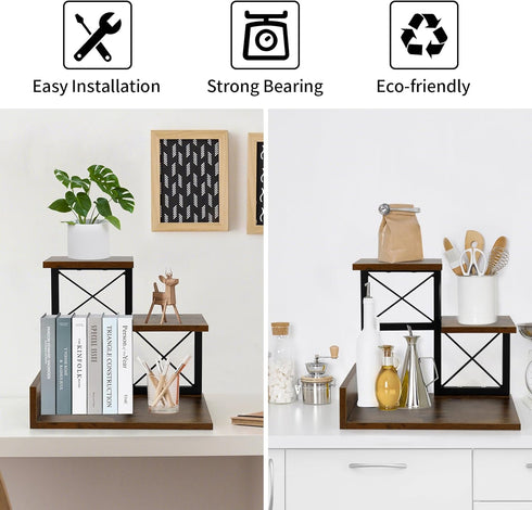 Jolitac Wood Desktop Shelf, Adjustable 3 Tier Storage Display Rack for Office Decor with Metal Frame, Brown