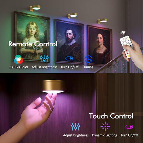 Kandicyar 3-Pack 13 Picture Lights for Wall, RGB Color Changing Led Art Display Light with Rechargeable Battery